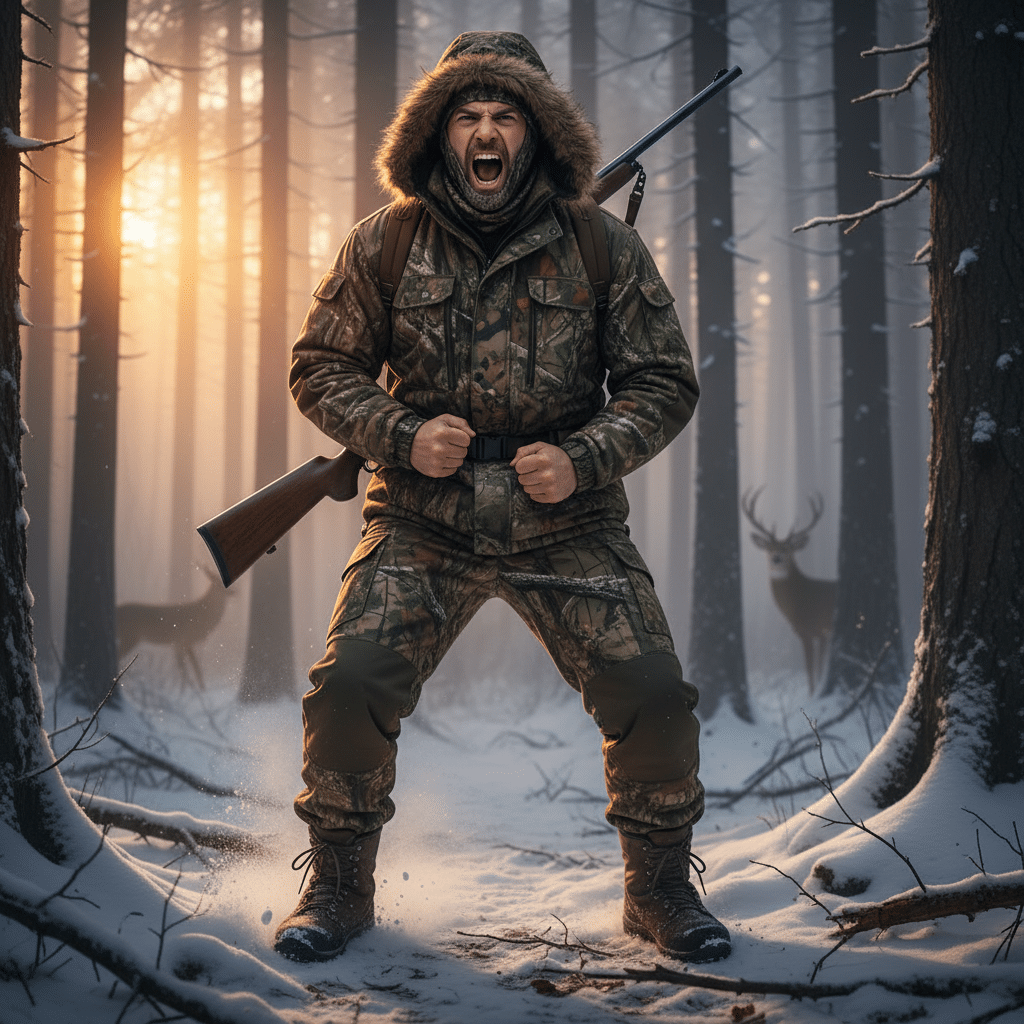A hunter wearing camouflage and a fur-lined hood stands in a snowy forest, clenching his fists and shouting with a rifle slung over his shoulder.