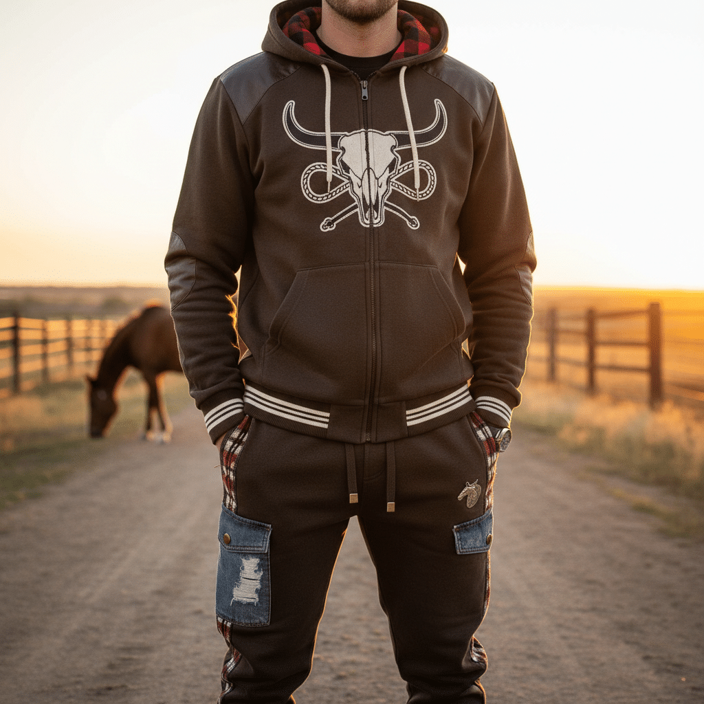 A man wearing a black zip-up hoodie with a bull skull graphic and matching joggers stands on a dirt path with a horse in the background at sunset.
